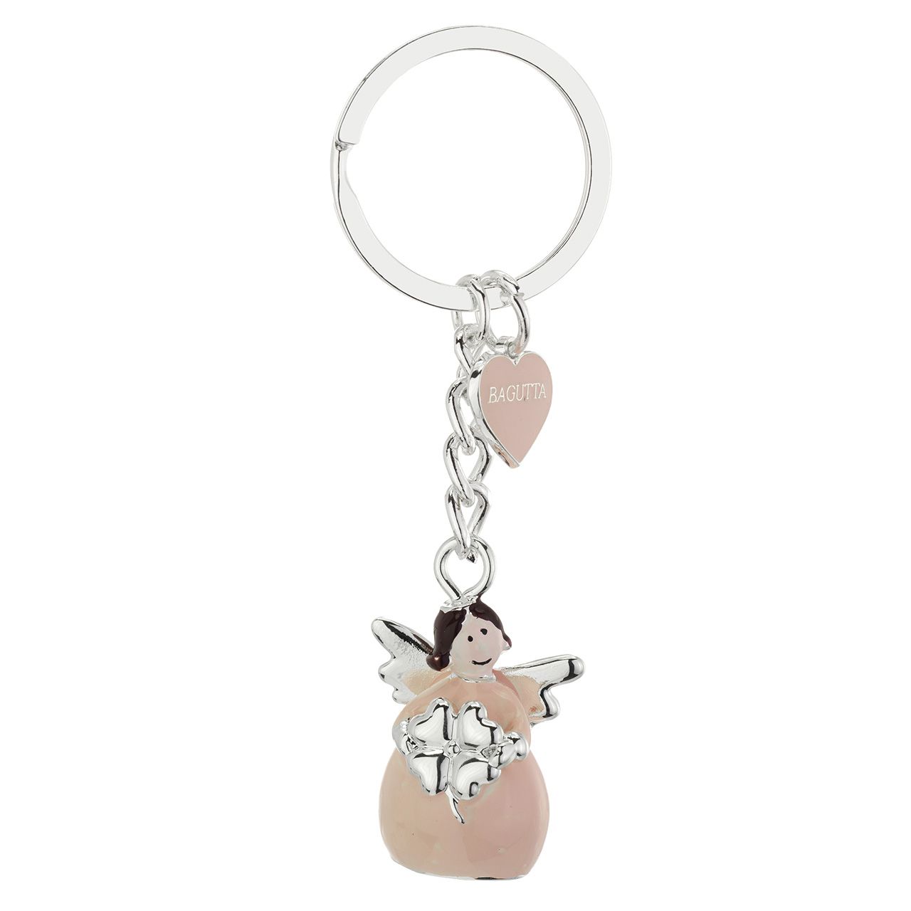 PORTACHIAVI ANGELO METALLO SILVER PLATED ROSA CON QUADRIFOGLIO